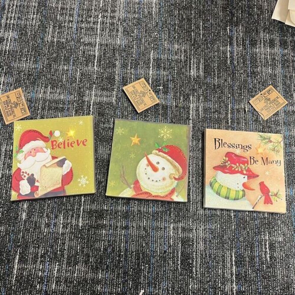 Lot Of 3 Snowman Santa Believe Blessings LIGHT UP‎ Canvas 6x6 Inch Battery New
